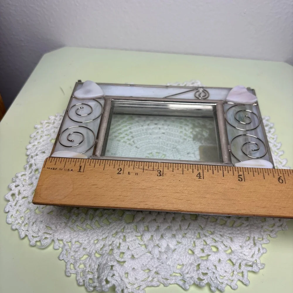 Vintage White Rectangular Jewelry Box Iridescent Hearts Stained Glass